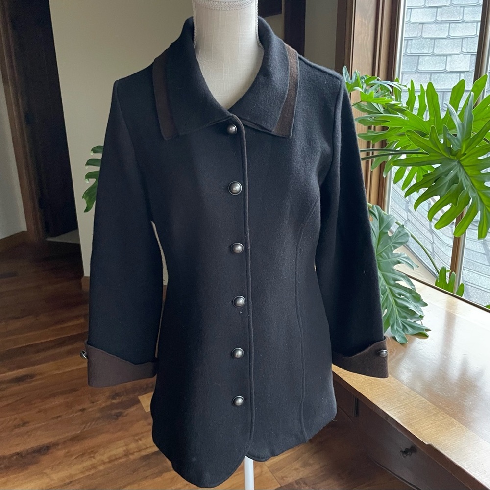 Icelandic Design Black & Brown Wool Coat with Metal Buttons Stand Collar Detail